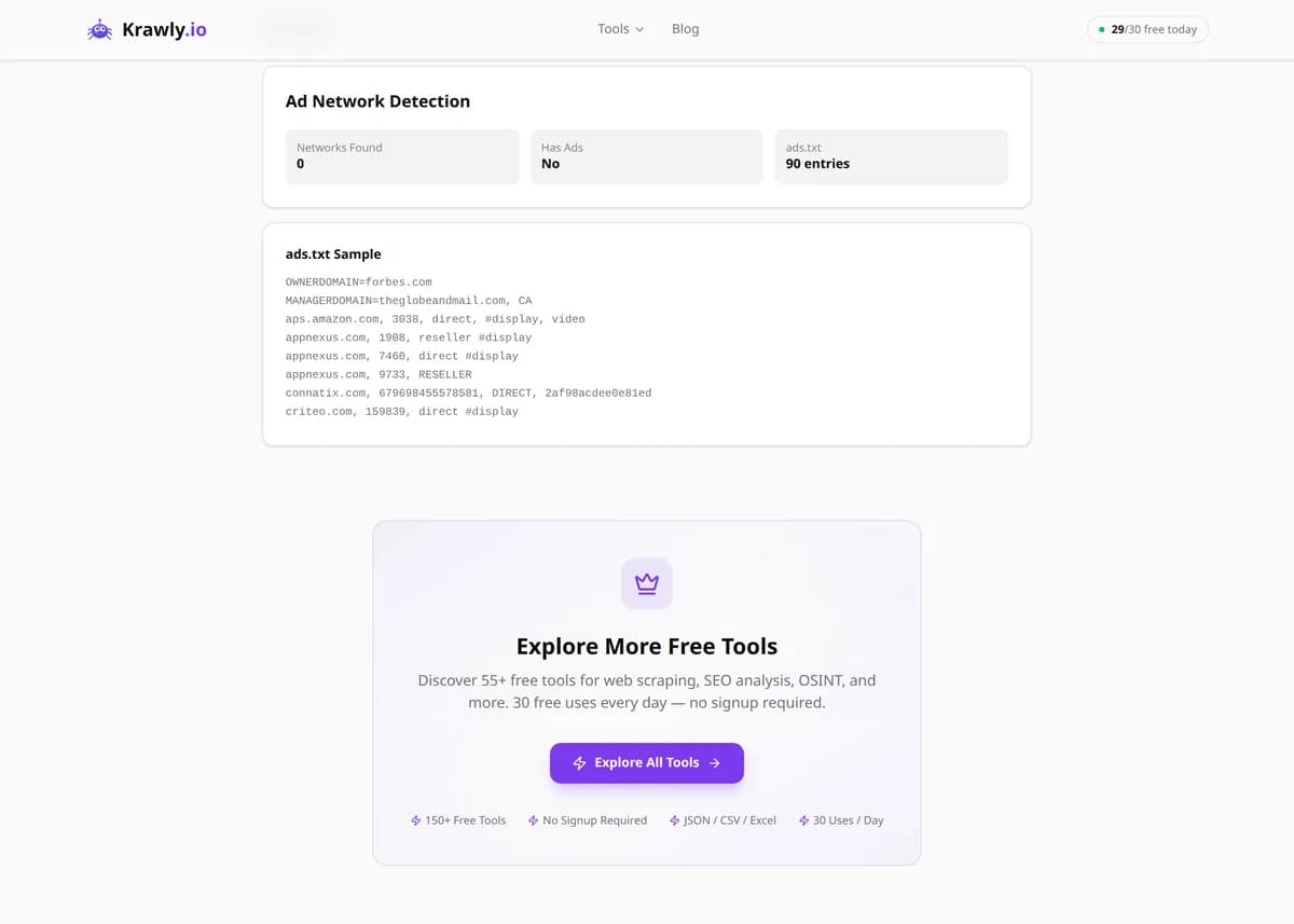 Ad Network Detector results for a real example input — score, findings and suggested next steps