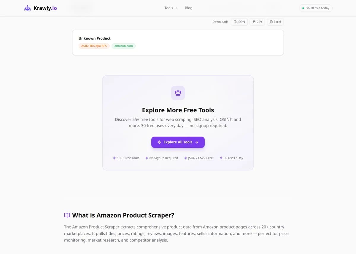 Amazon Product Scraper results for a real example input — score, findings and suggested next steps