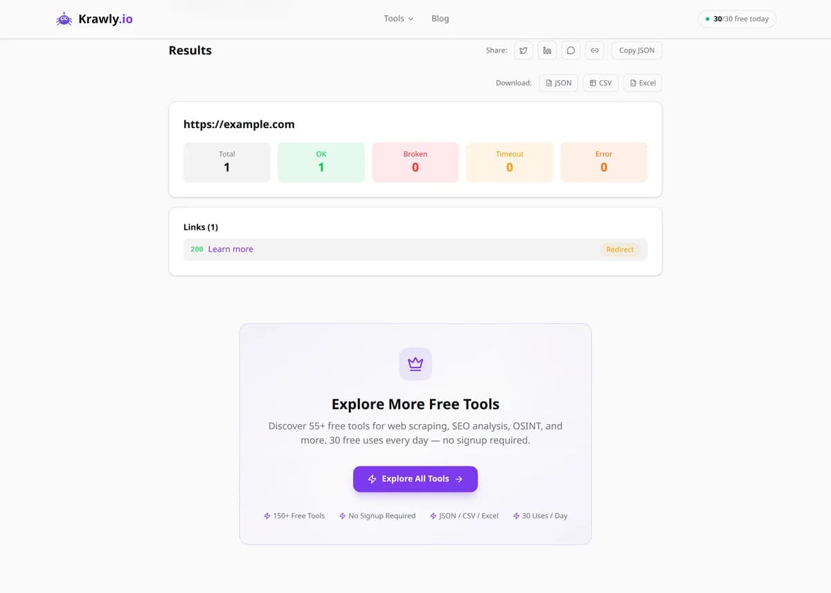 Broken Link Checker results for a real example input — score, findings and suggested next steps