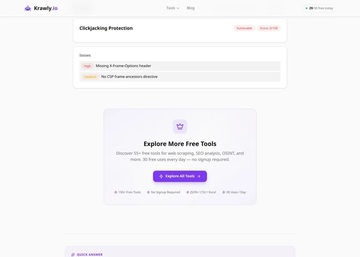 Clickjacking Checker results for a real example input — score, findings and suggested next steps