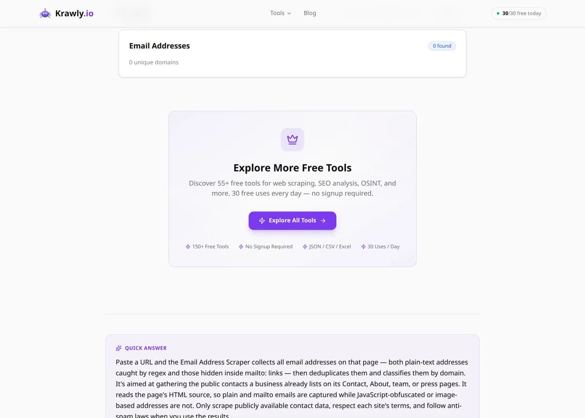 Email Address Scraper results for a real example input — score, findings and suggested next steps
