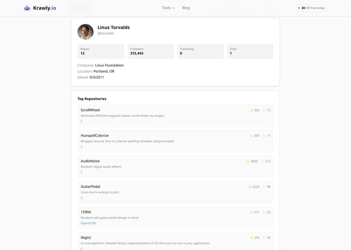 GitHub Profile Analyzer results for a real example input — score, findings and suggested next steps