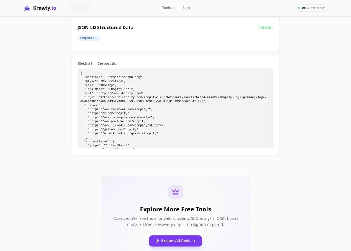 JSON-LD Extractor results for a real example input — score, findings and suggested next steps