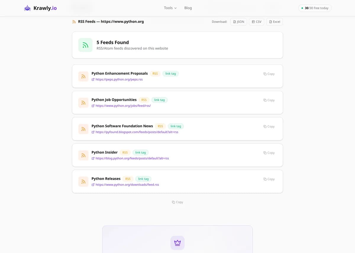 RSS Feed Finder results for a real example input — score, findings and suggested next steps