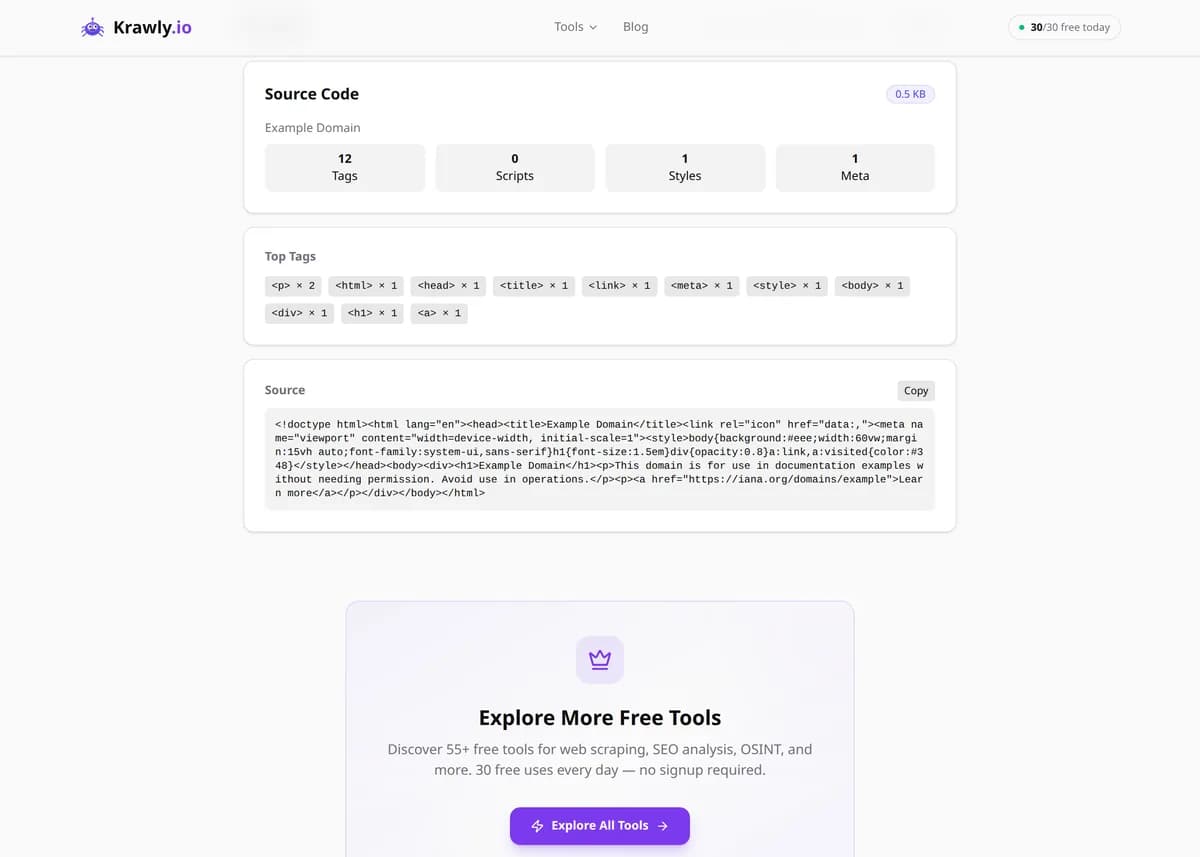 Source Code Viewer results for a real example input — score, findings and suggested next steps