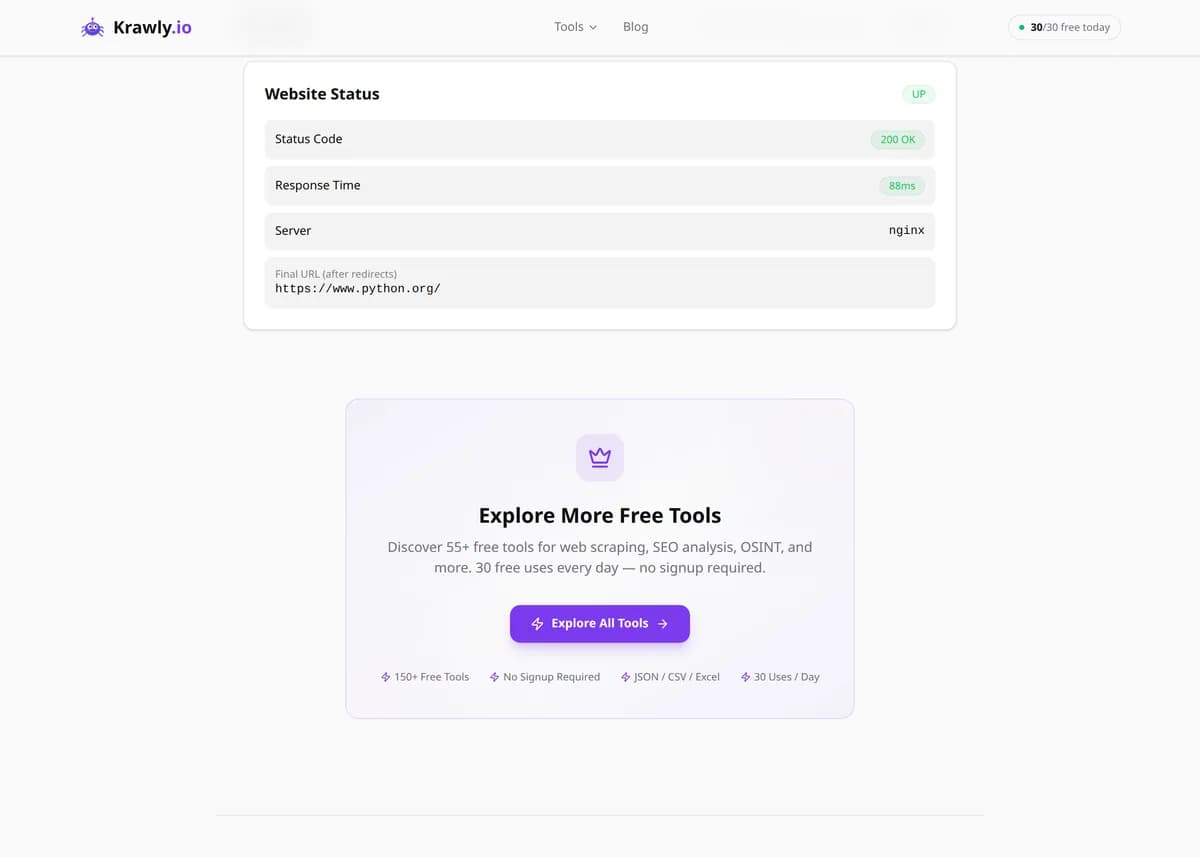 Website Status Checker results for a real example input — score, findings and suggested next steps