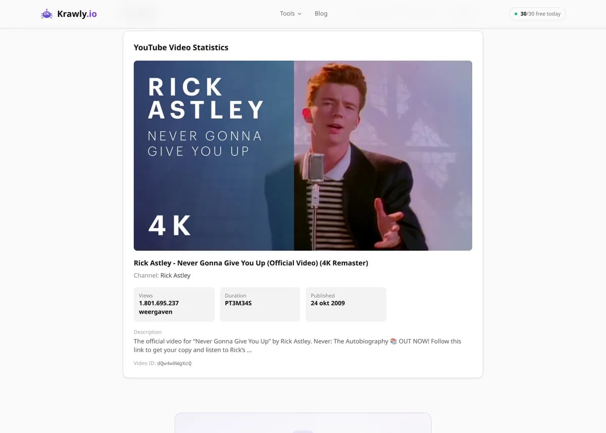 YouTube Video Statistics results for a real example input — score, findings and suggested next steps