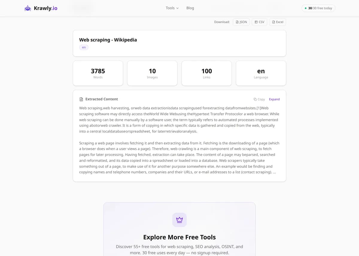 Content Extractor results for a real example input — score, findings and suggested next steps