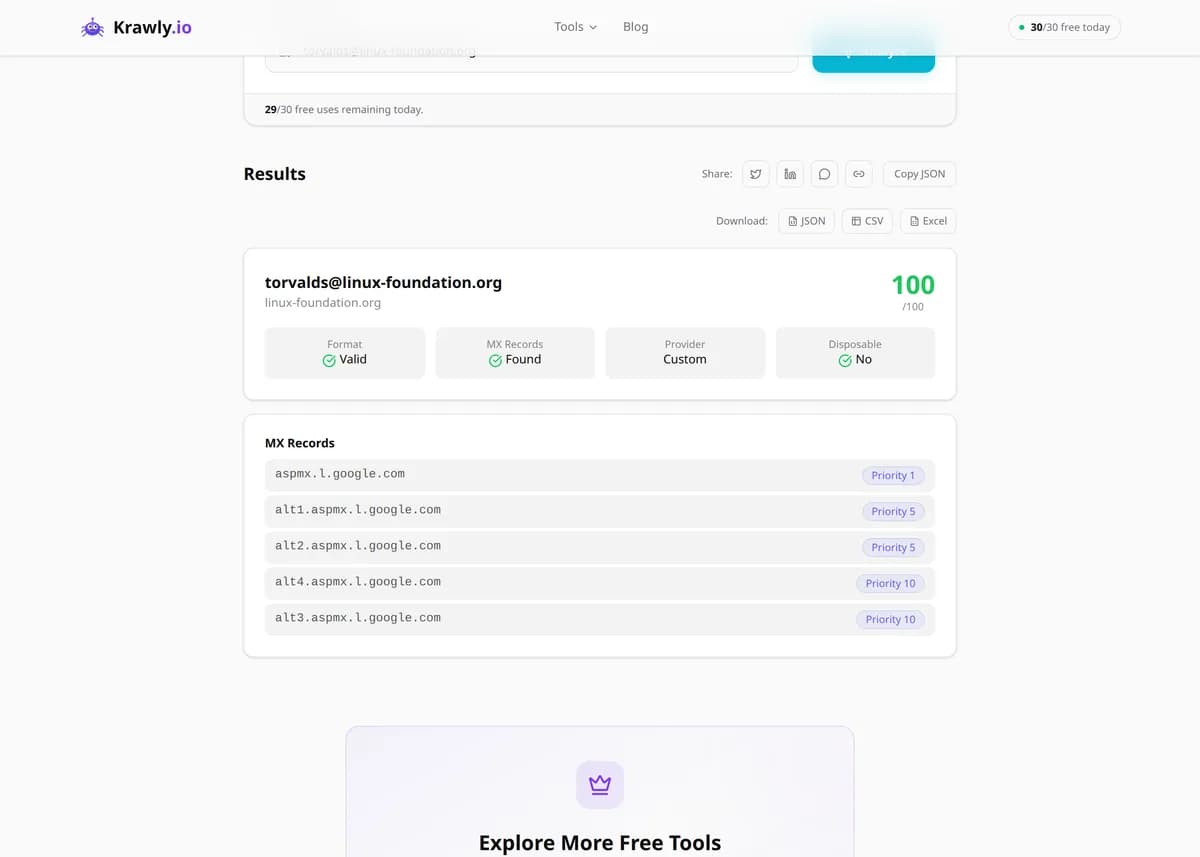 Email Validator results for a real example input — score, findings and suggested next steps