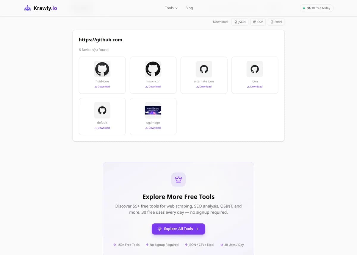 Favicon Extractor results for a real example input — score, findings and suggested next steps