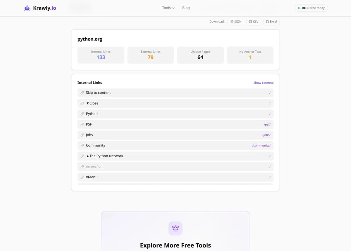Internal Link Mapper results for a real example input — score, findings and suggested next steps