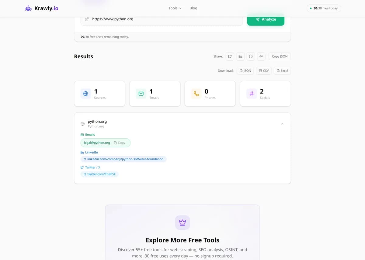 Lead Generation results for a real example input — score, findings and suggested next steps