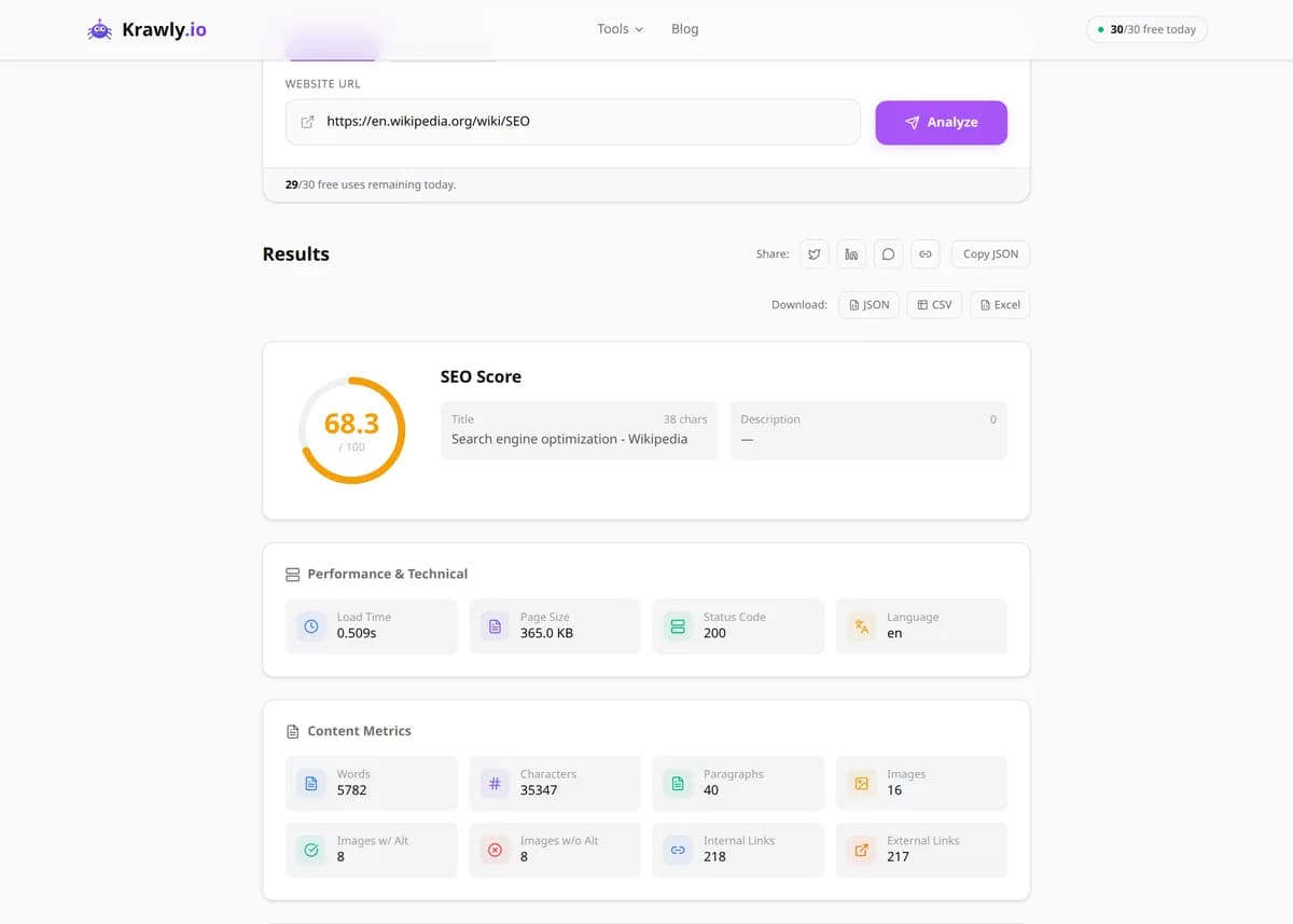 SEO Analyzer results for a real example input — score, findings and suggested next steps