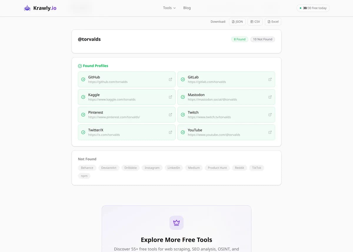 Social Media Finder results for a real example input — score, findings and suggested next steps