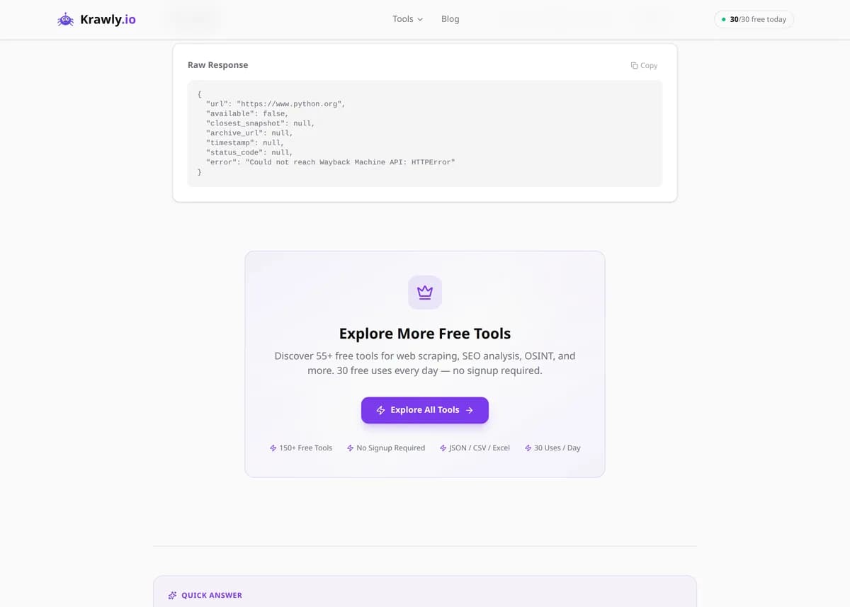 Wayback Machine Checker results for a real example input — score, findings and suggested next steps
