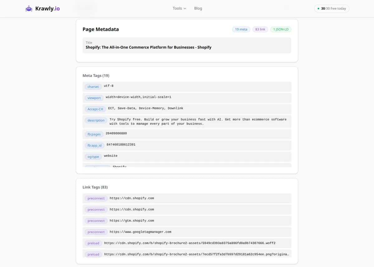 Webpage Metadata Extractor results for a real example input — score, findings and suggested next steps