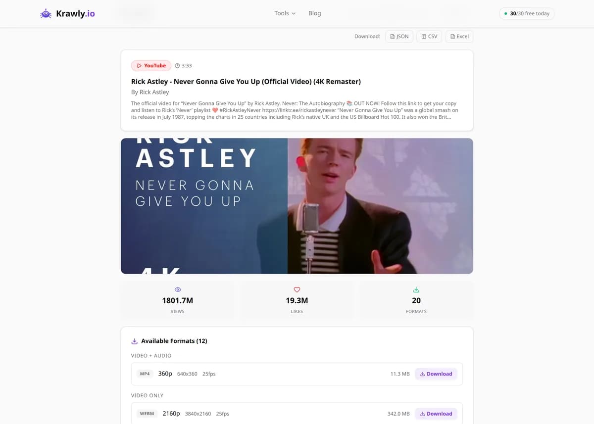 YouTube Video Downloader results for a real example input — score, findings and suggested next steps