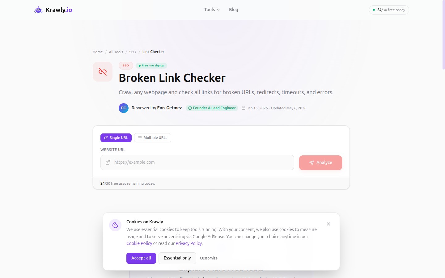 Krawly Broken Link Checker — surfaces 404 outbound links per page
