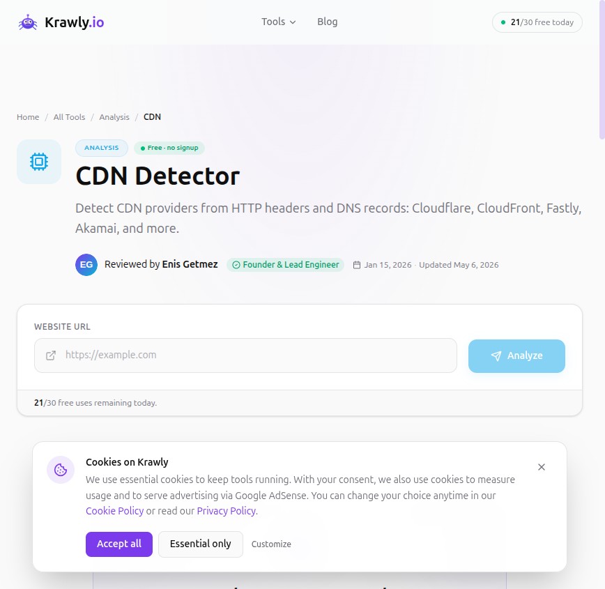 Krawly CDN Detector — surfaces the CDN provider and edge behaviour from public signals