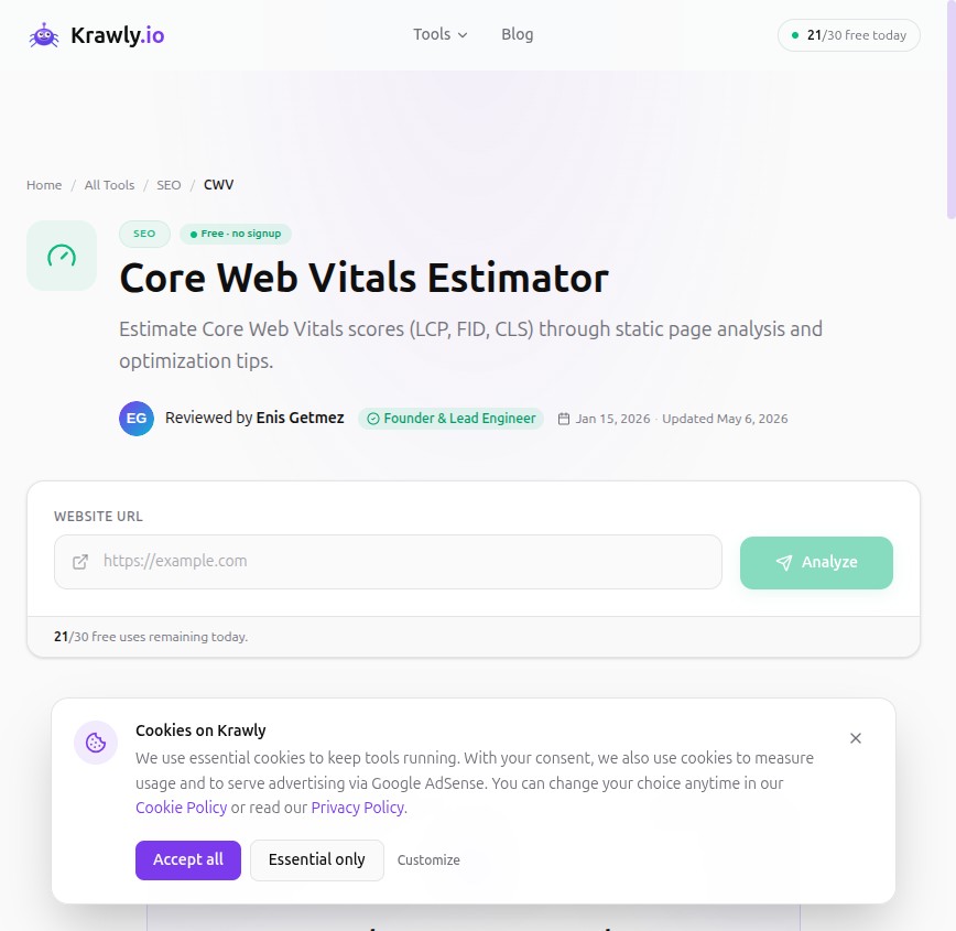 Krawly Core Web Vitals Estimator — LCP, INP, CLS scoring with optimization hints