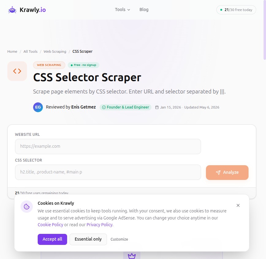Krawly CSS Selector Scraper — extract any element from a JS-rendered page