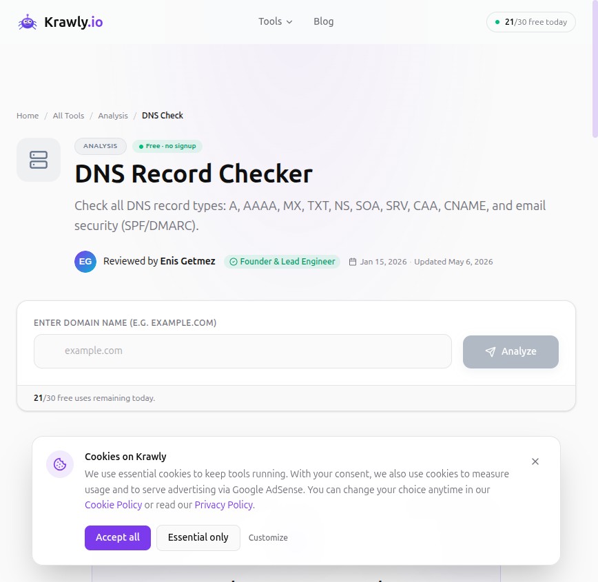 Krawly DNS Record Checker — A, AAAA, MX, TXT, NS, SOA, CAA records in one query