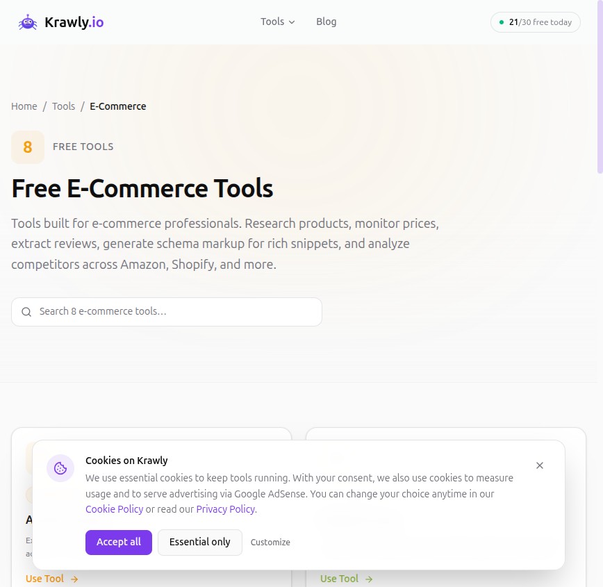 Krawly E-Commerce tools category — schema, scraper, and detector tools in one place