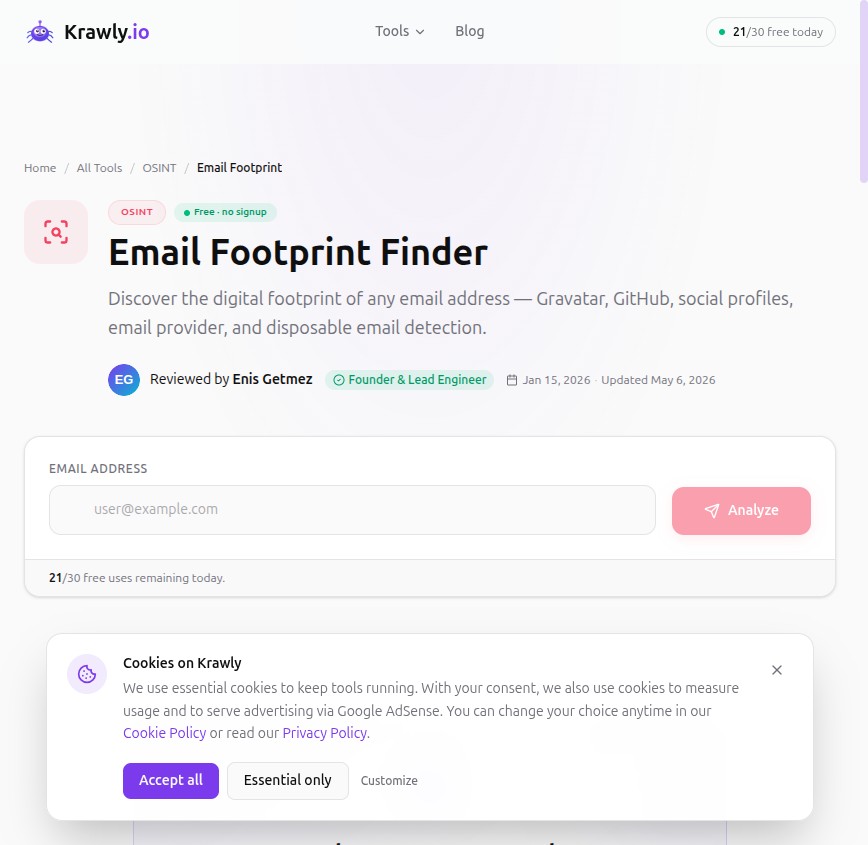 Krawly Email Footprint Finder — Gravatar, GitHub, provider, disposable check