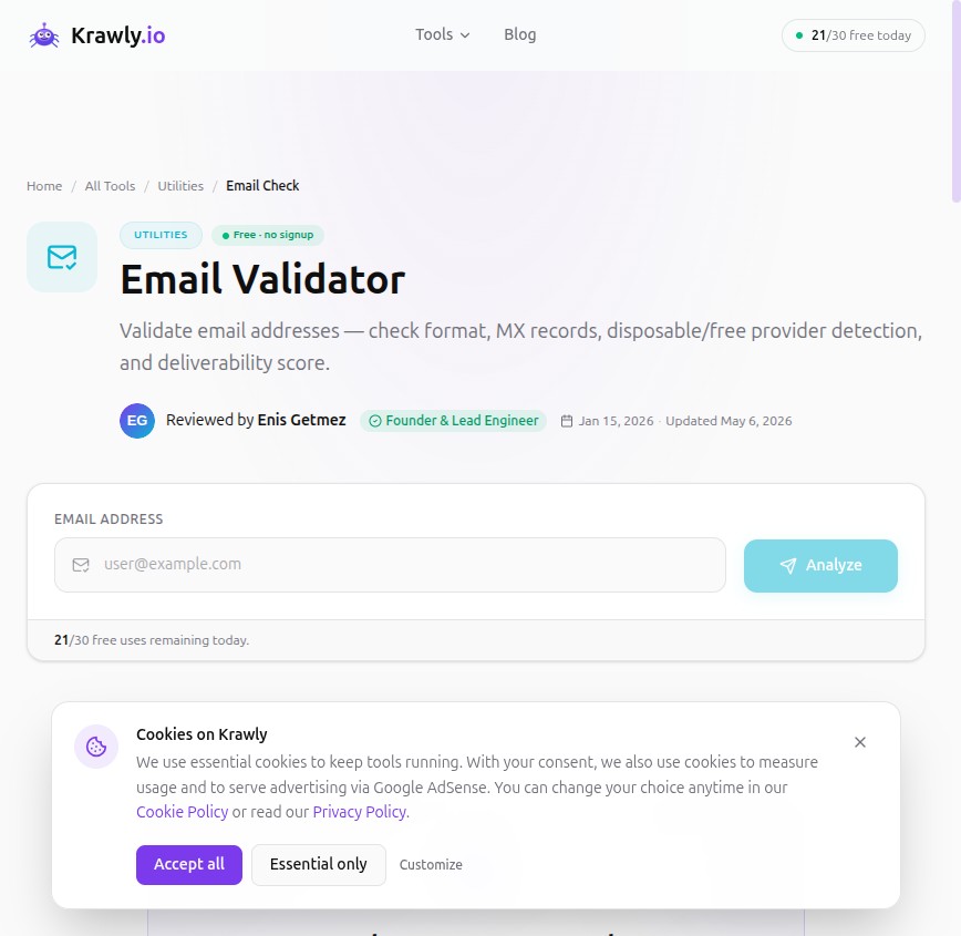 Krawly Email Validator — format, MX, disposable, free-provider checks
