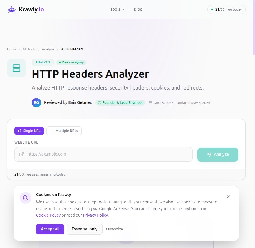 Krawly HTTP Headers Analyzer — server-side bot stack always leaks in response headers