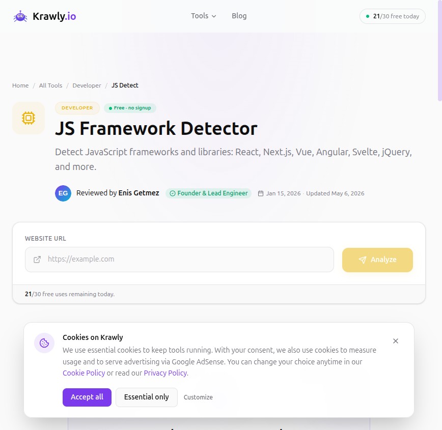 Krawly JS Framework Detector — what's actually running on the client
