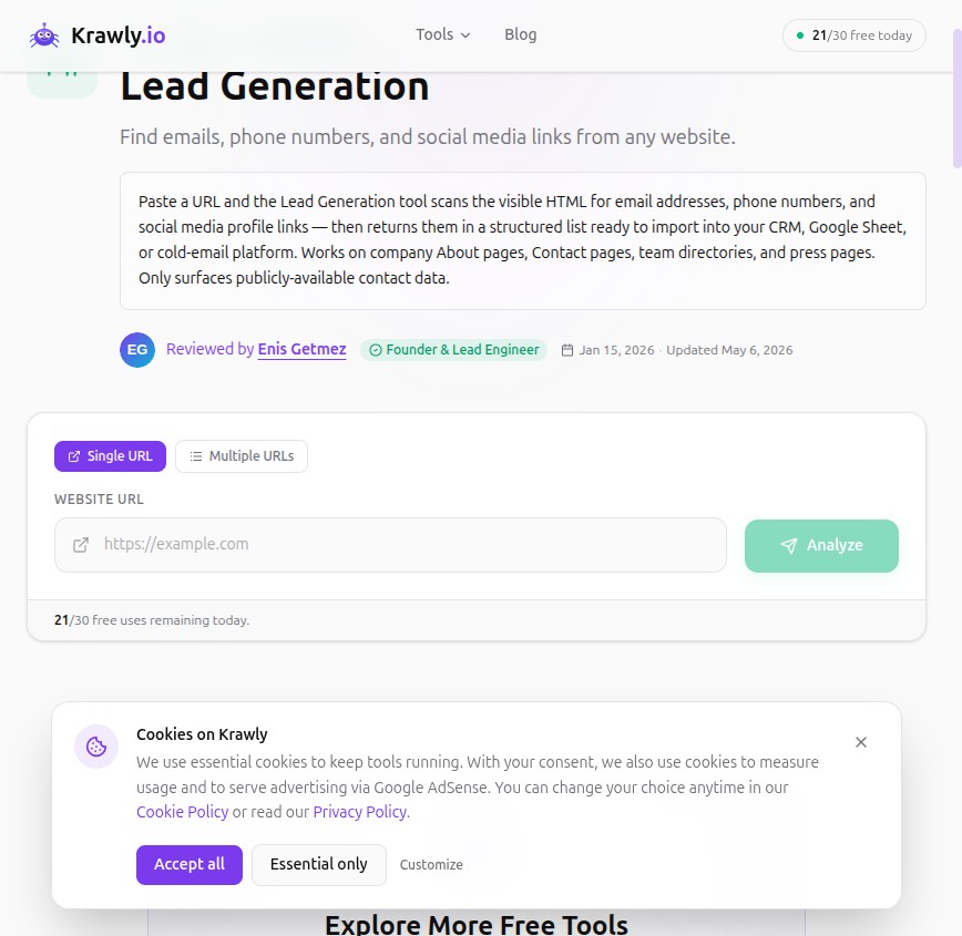 Krawly Lead Generation — extracts visible emails from a target site