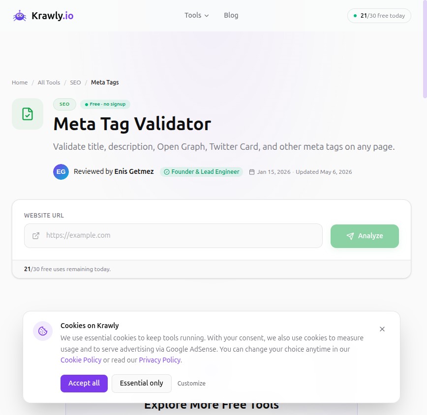 Krawly Meta Tag Validator — surfaces the *individual* tag-level issues a score conceals