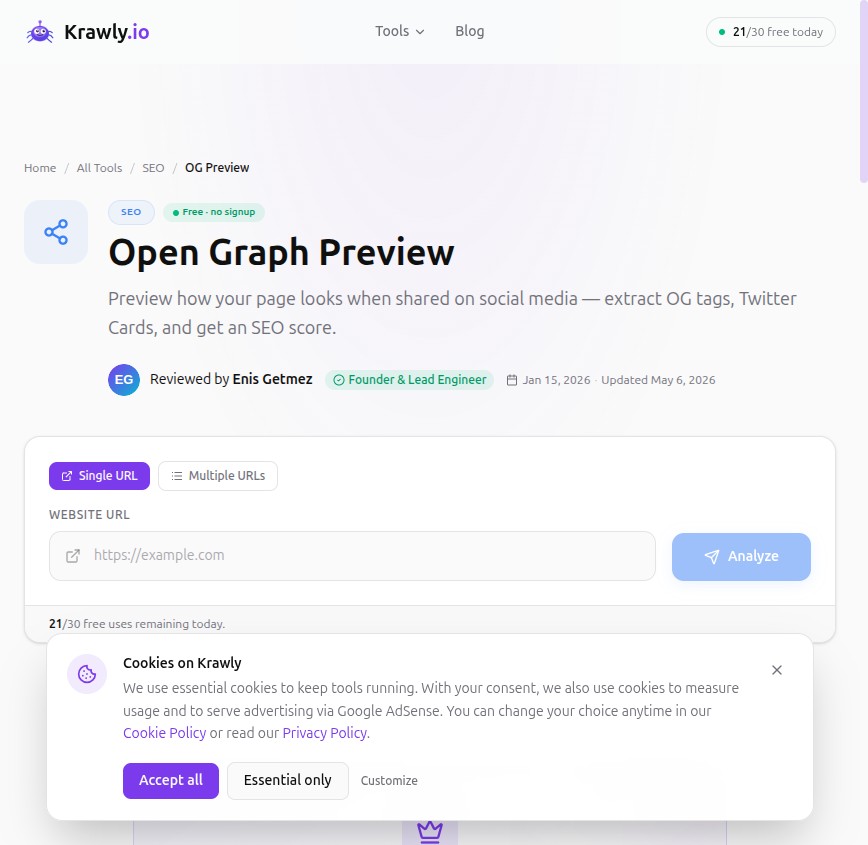 Krawly Open Graph Preview — see what every platform sees, in one place