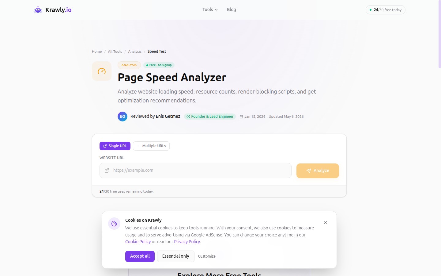 Krawly Page Speed Analyzer — Core Web Vitals plus optimization hints