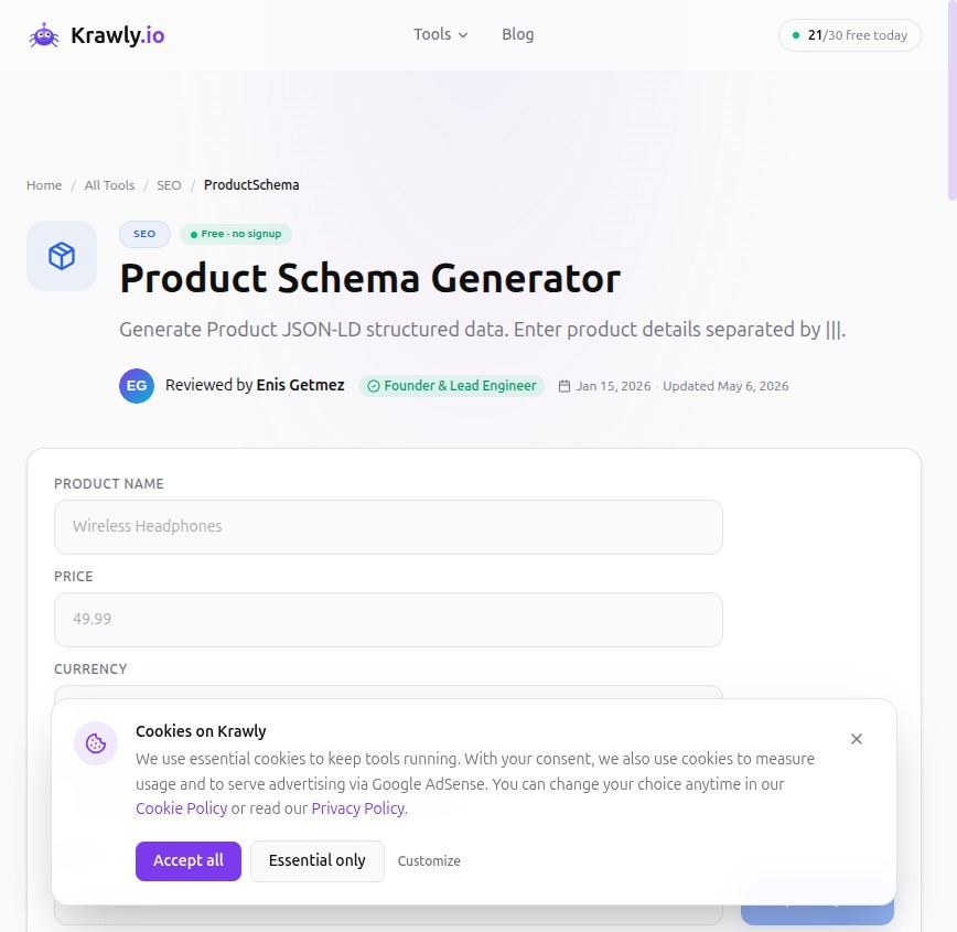 Krawly Product Schema Generator — paste product details, copy valid JSON-LD