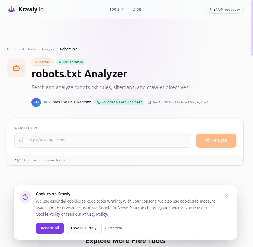 Krawly robots.txt Analyzer — parses a file the way Googlebot does