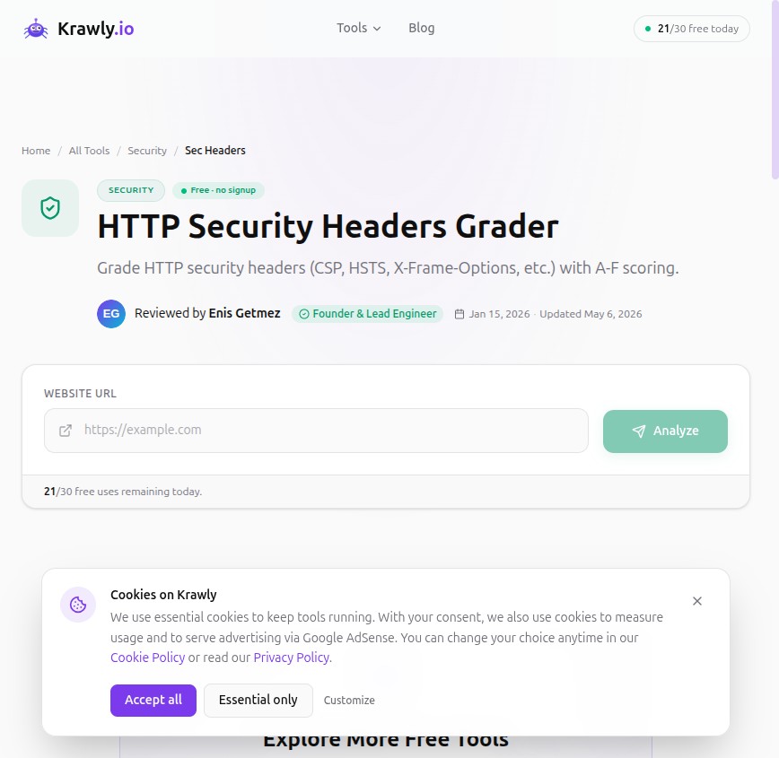 Krawly HTTP Security Headers Grader — A-F grade with line-by-line analysis