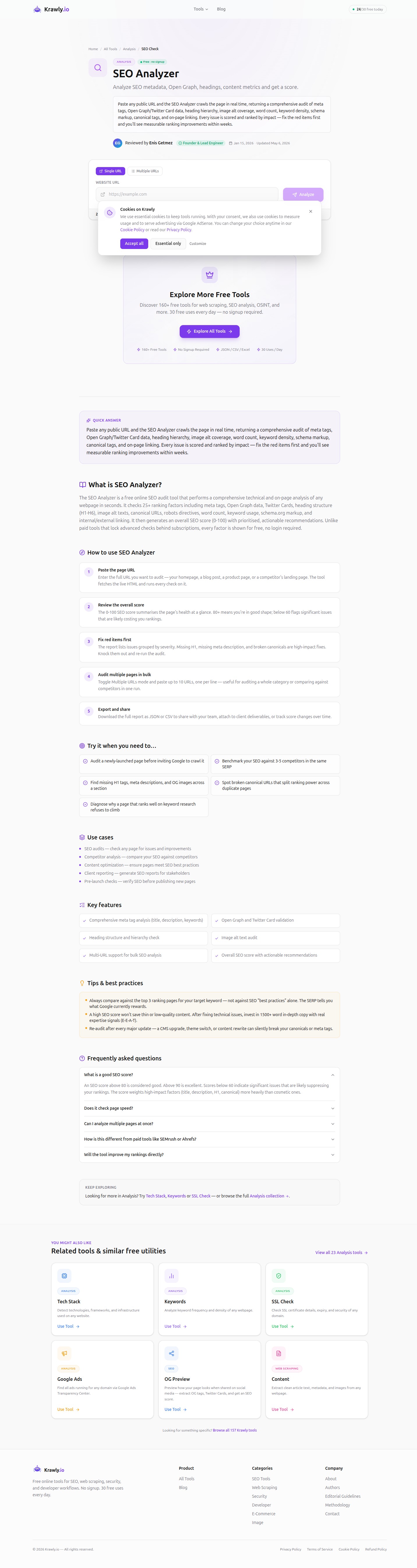 Krawly SEO Analyzer landing page — paste URL, get on-page audit