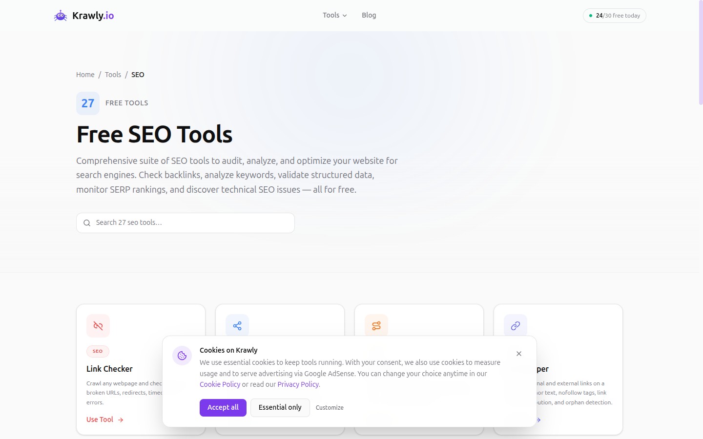 Krawly SEO category page — every on-page audit tool in one place