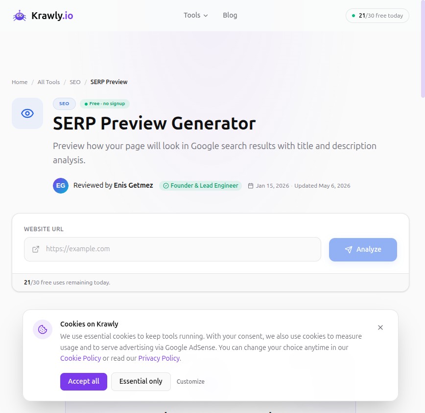 Krawly SERP Preview Generator — see your title and description as Google will