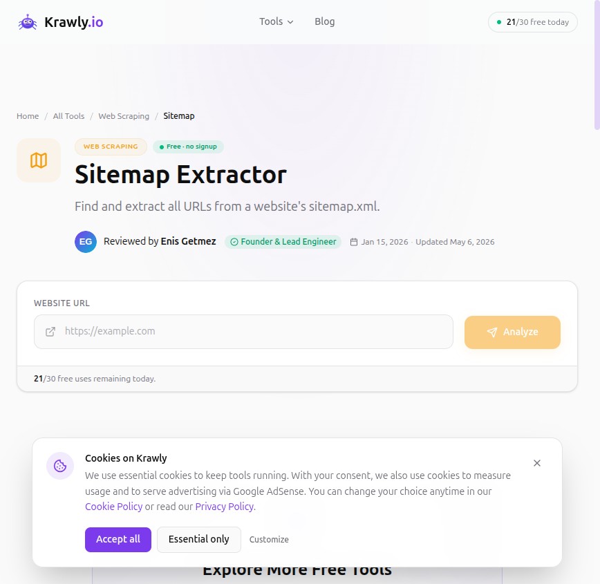 Krawly Sitemap Extractor — confirms sitemap declared in robots.txt resolves