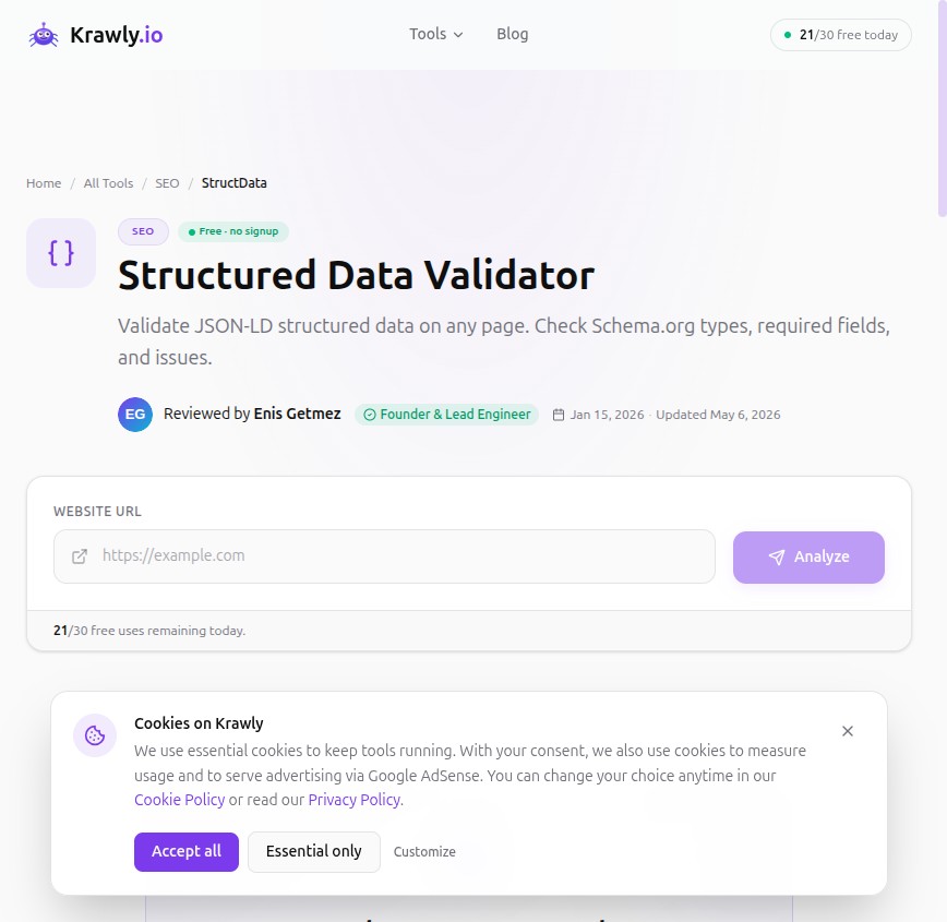 Krawly Structured Data Validator — parses every JSON-LD block on a page