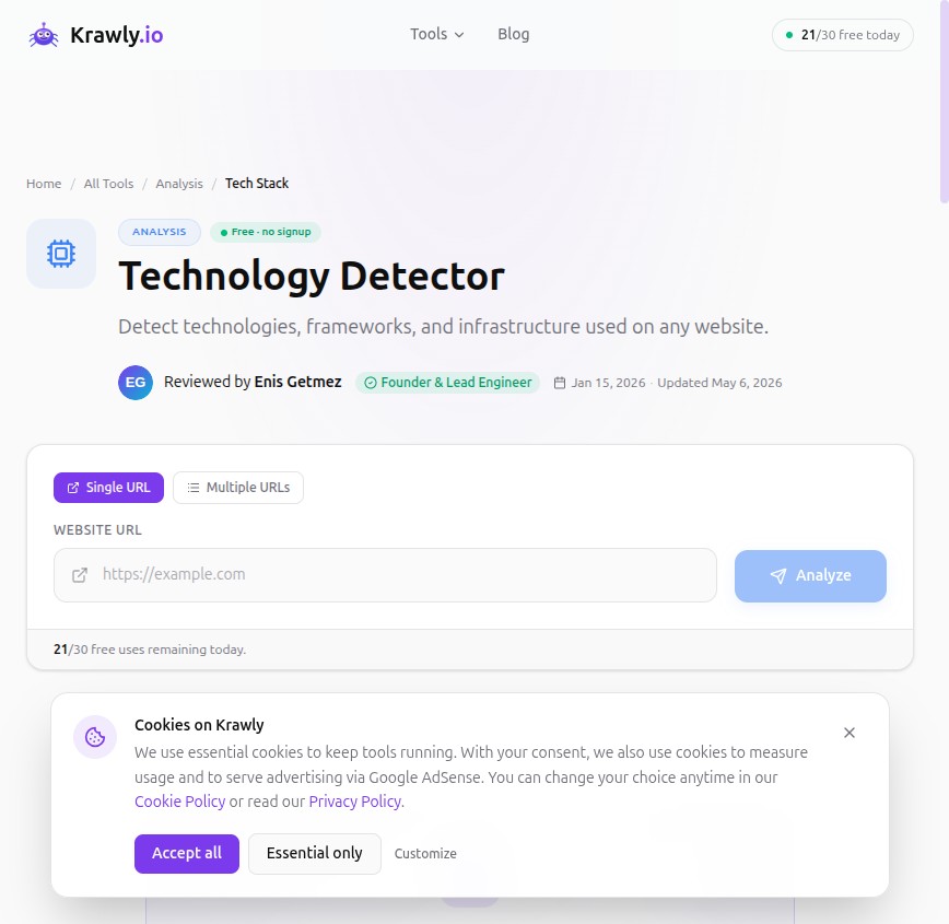 Krawly Tech Detector — surfaces the anti-bot stack a site uses