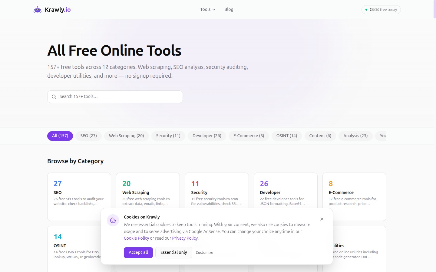 Krawly tools index — what 'one Krawly tab' looks like