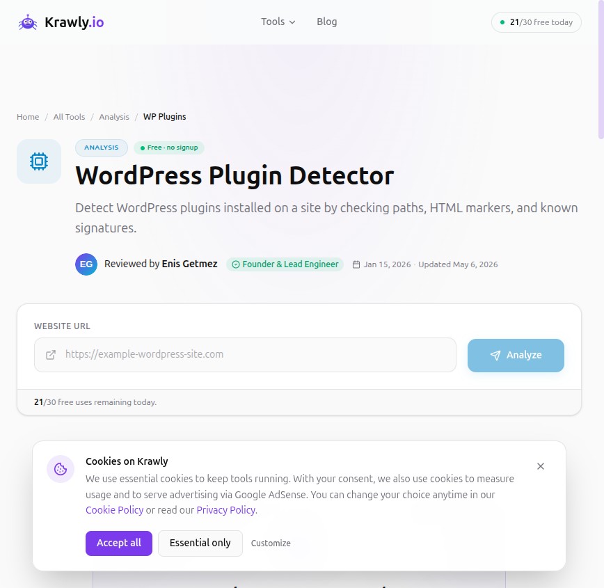 Krawly WordPress Plugin Detector — fingerprints installed plugins from public signals